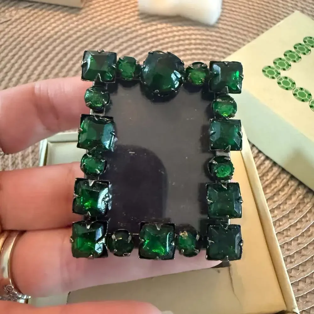 Vintage Emerald Green Rhinestone Miniature Picture Frame with Box